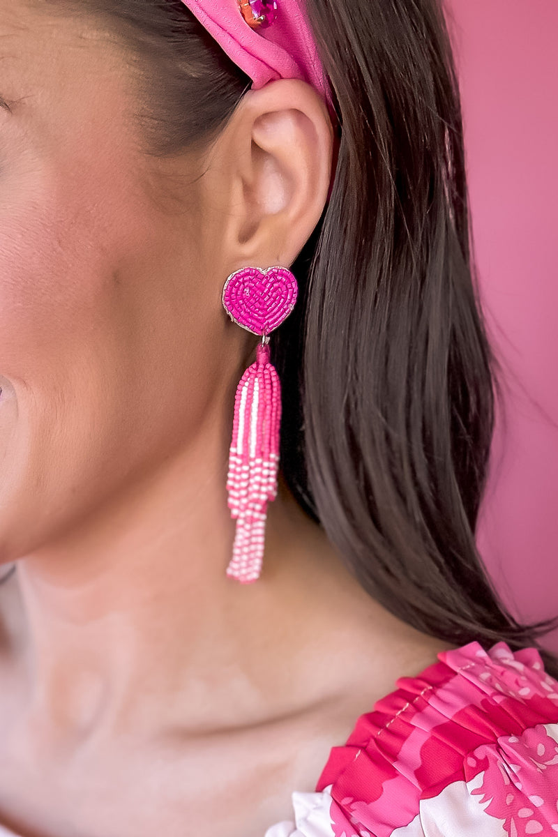 Heart Tassel Pink Earrings