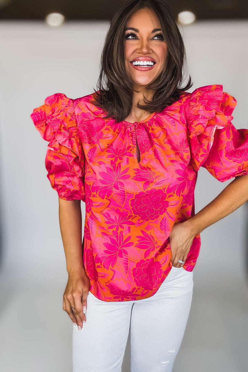 SHORT PUFF SLEEVE KEYHOLE FLORAL BLOUSE