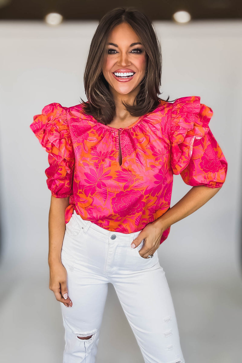 SHORT PUFF SLEEVE KEYHOLE FLORAL BLOUSE
