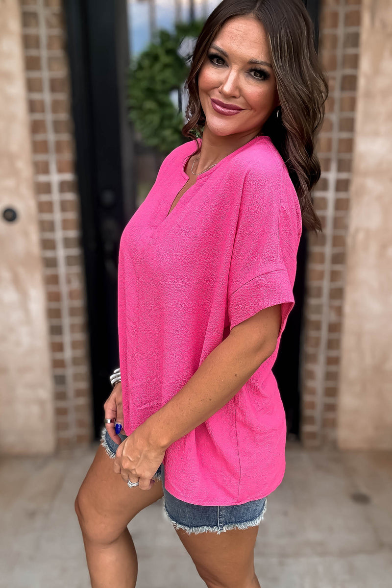 Stay True Fuchsia Woven Bubble Airflow Split Neck Top