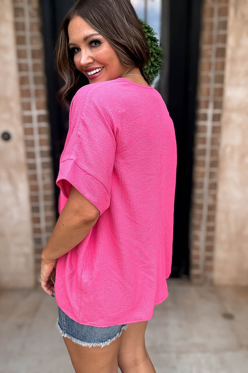 Stay True Fuchsia Woven Bubble Airflow Split Neck Top