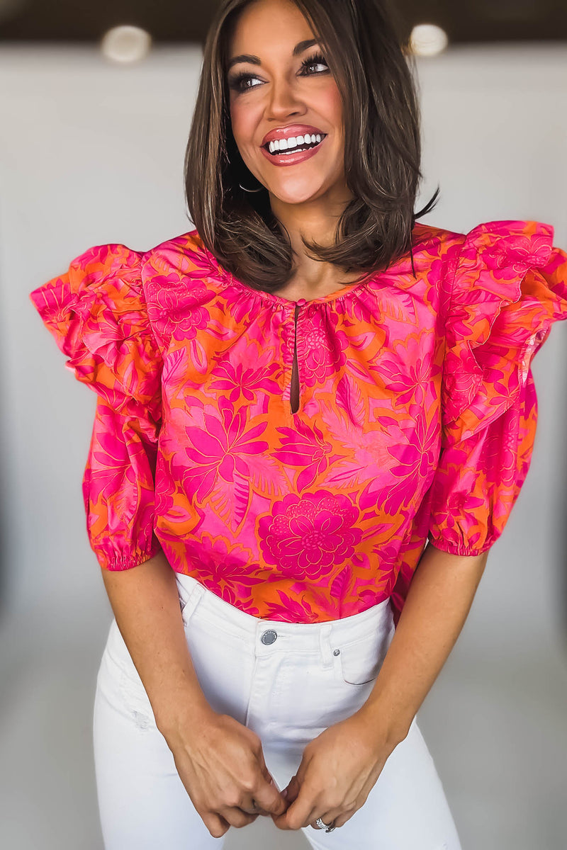 SHORT PUFF SLEEVE KEYHOLE FLORAL BLOUSE