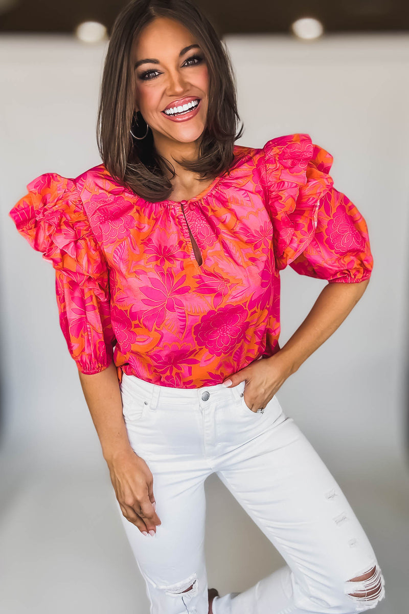 SHORT PUFF SLEEVE KEYHOLE FLORAL BLOUSE