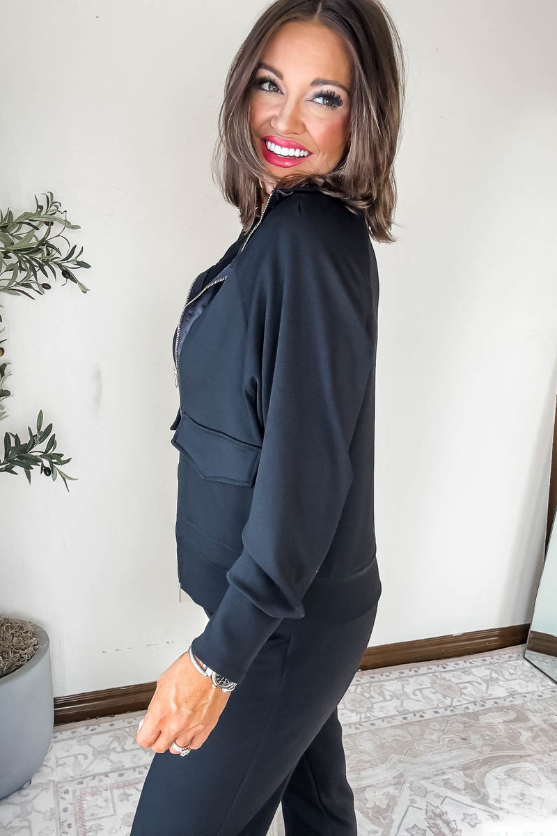 Double Soft Black Sateen Trim Zip Sweat Jacket