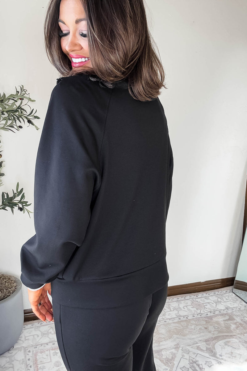 Double Soft Black Sateen Trim Zip Sweat Jacket