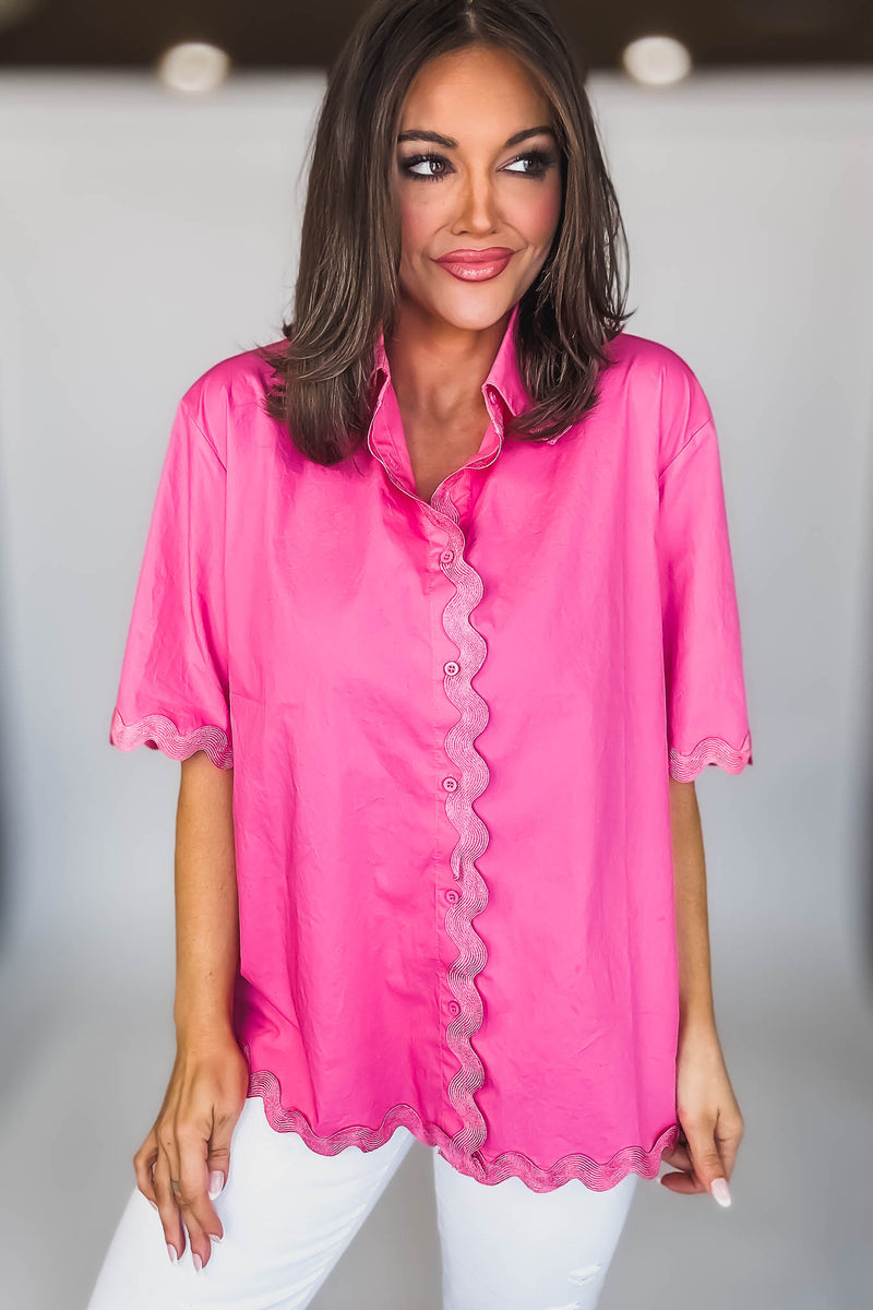 SHORT SLEEVE BUTTON UP TRIM DETAILED BLOUSE
