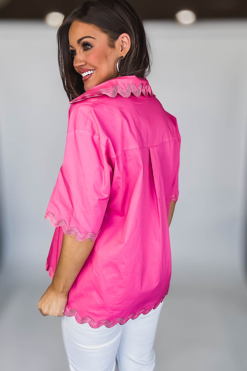SHORT SLEEVE BUTTON UP TRIM DETAILED BLOUSE