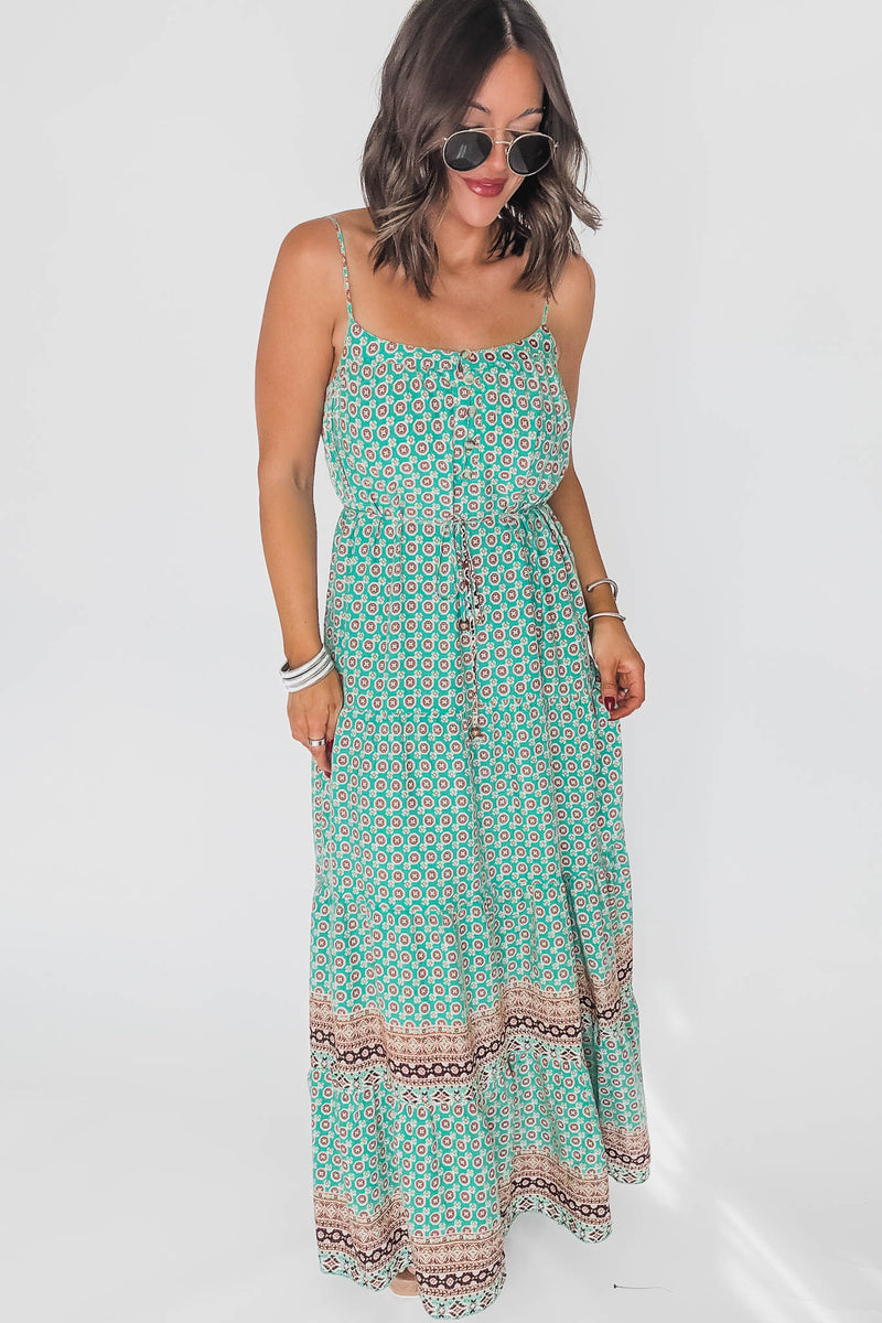 Green And Brown Printed Maxi Dress