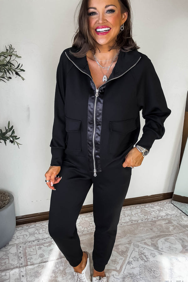Double Soft Black Sateen Trim Zip Sweat Jacket