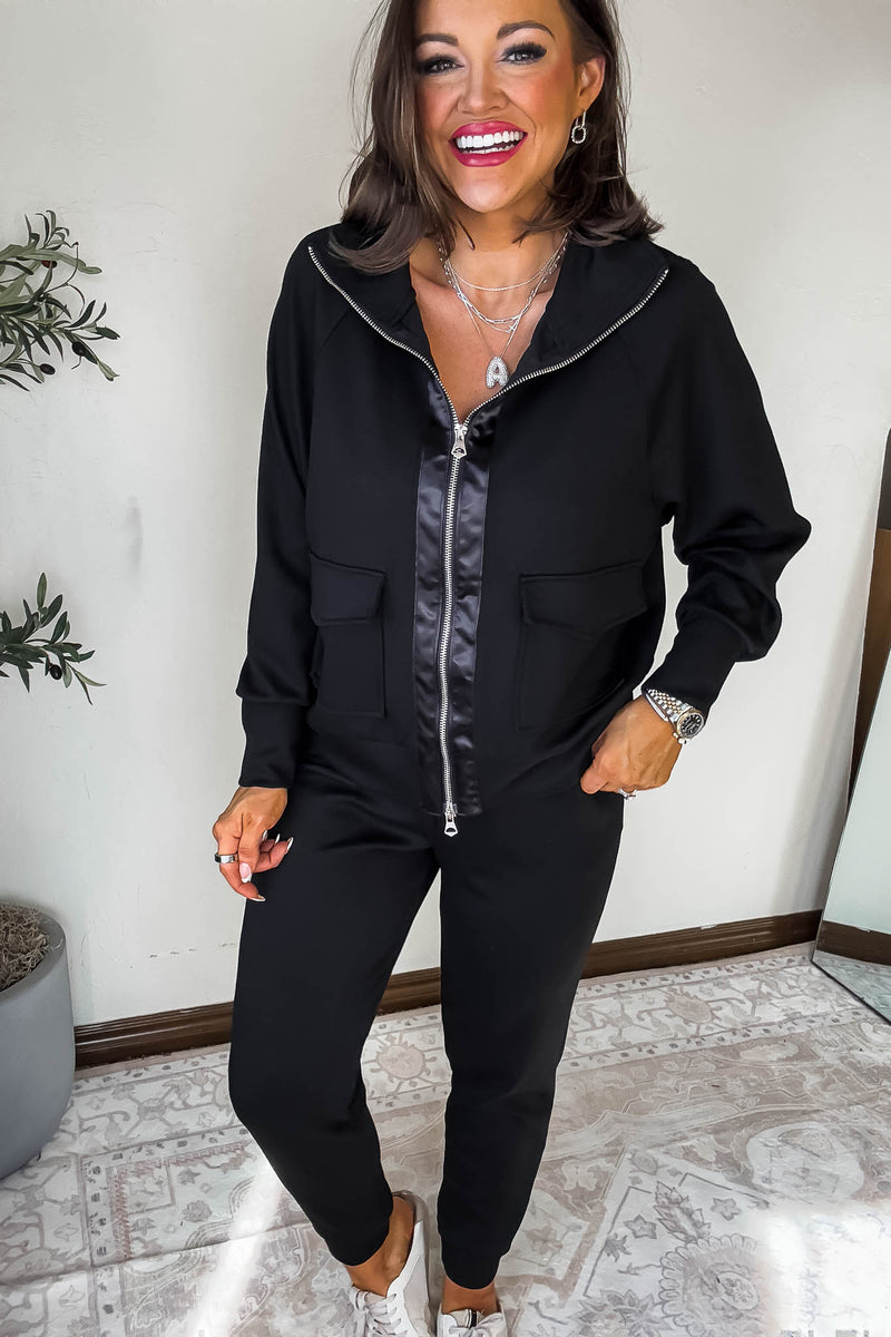 Double Soft Black Sateen Trim Zip Sweat Jacket