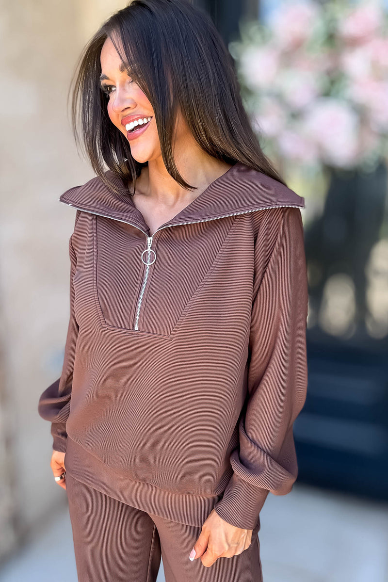 Accolade Brown Ribbed High Neck Half Zip Pullover