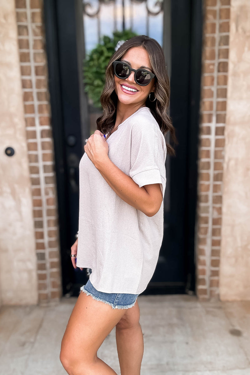 Stay True Ash Mocha Woven Bubble Airflow Split Neck Top