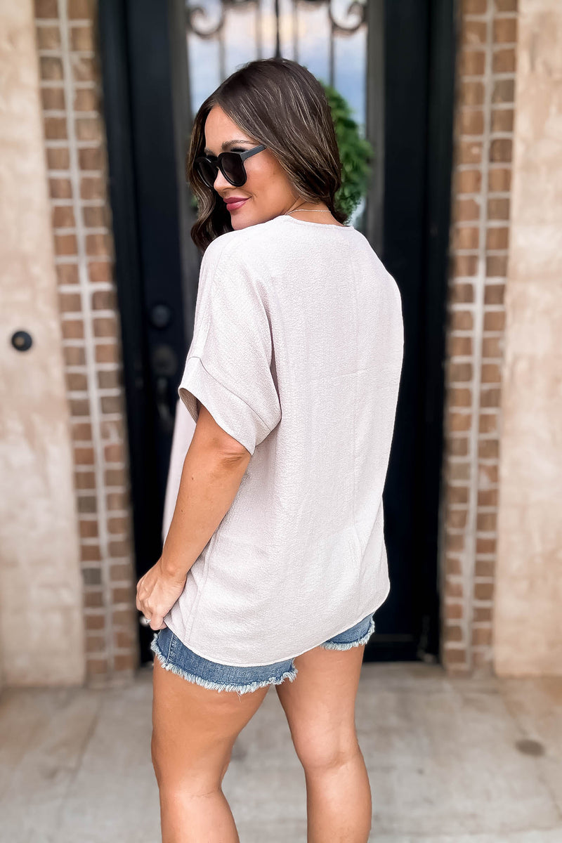 Stay True Ash Mocha Woven Bubble Airflow Split Neck Top