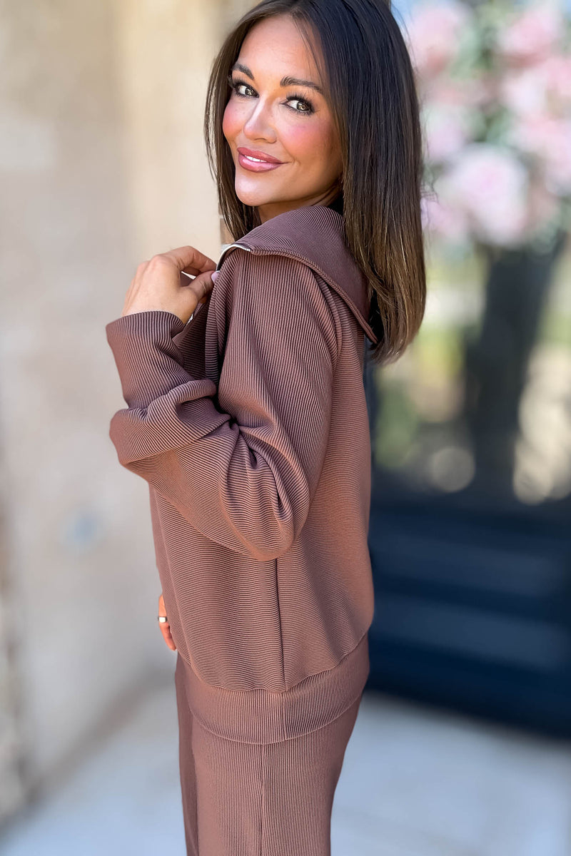 Accolade Brown Ribbed High Neck Half Zip Pullover