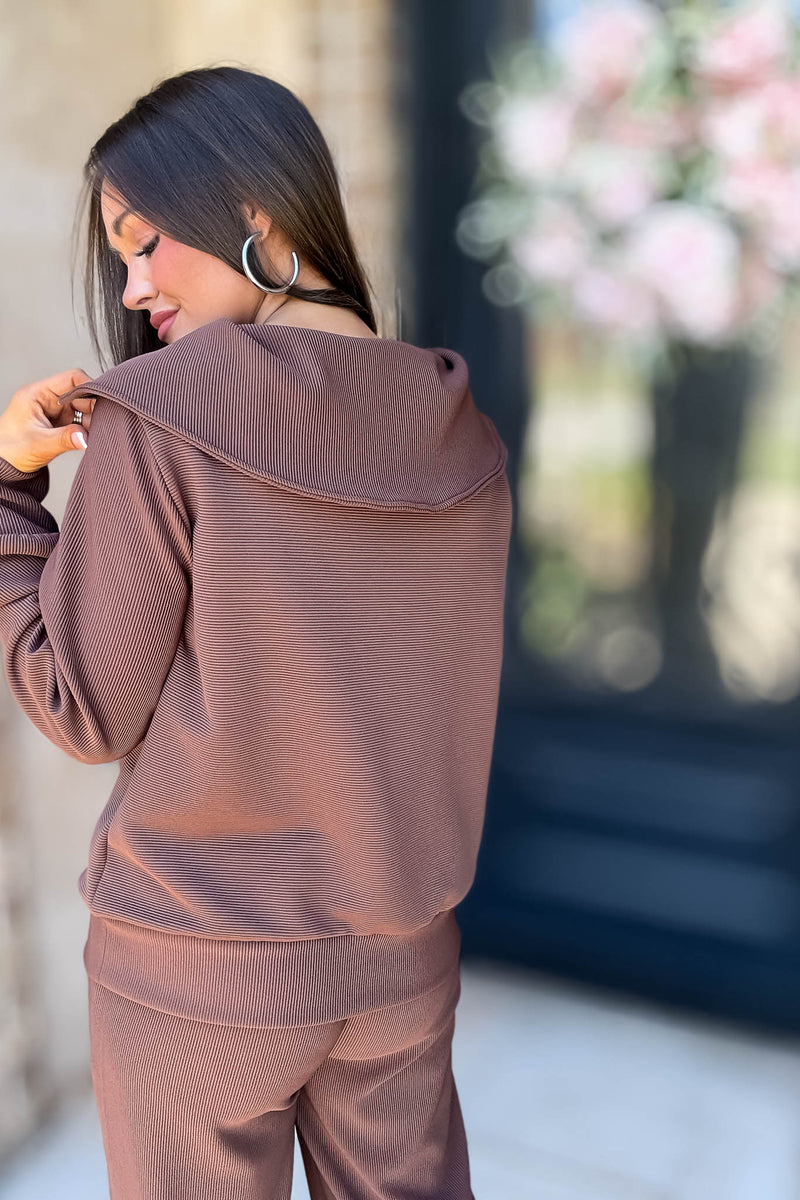 Accolade Brown Ribbed High Neck Half Zip Pullover
