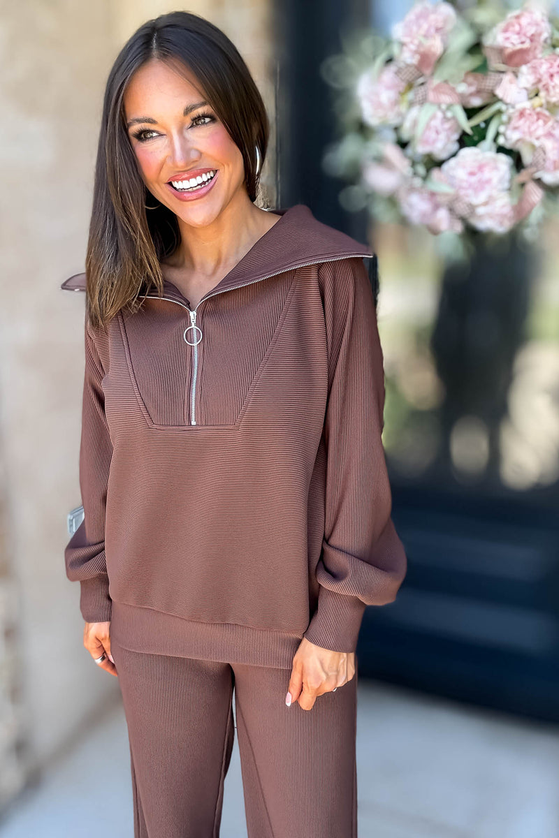 Accolade Brown Ribbed High Neck Half Zip Pullover