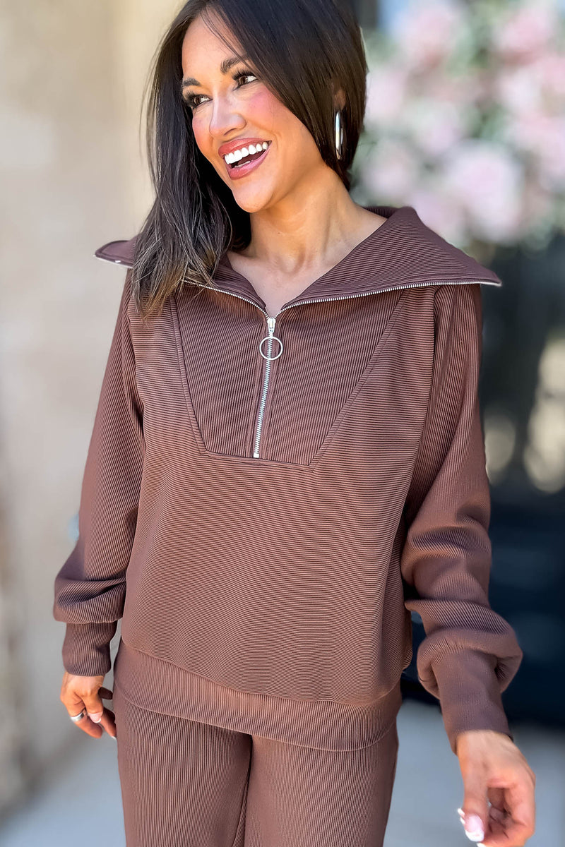 Accolade Brown Ribbed High Neck Half Zip Pullover