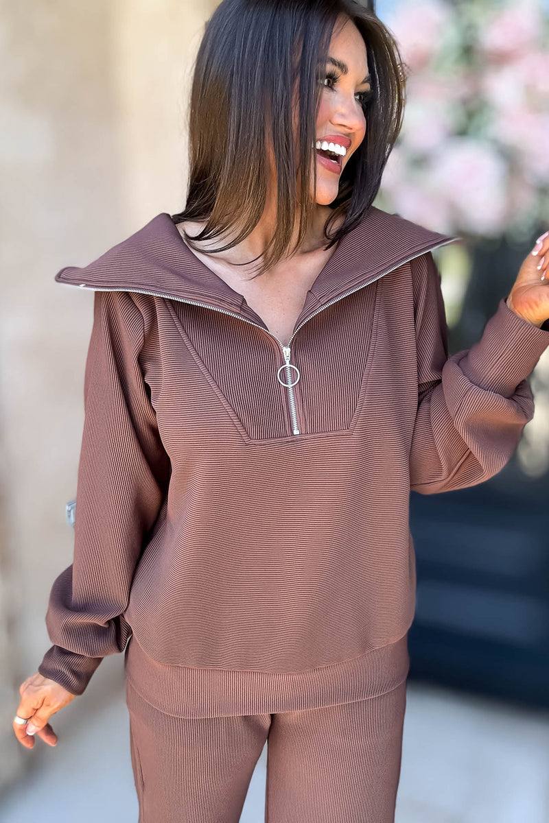 Accolade Brown Ribbed High Neck Half Zip Pullover