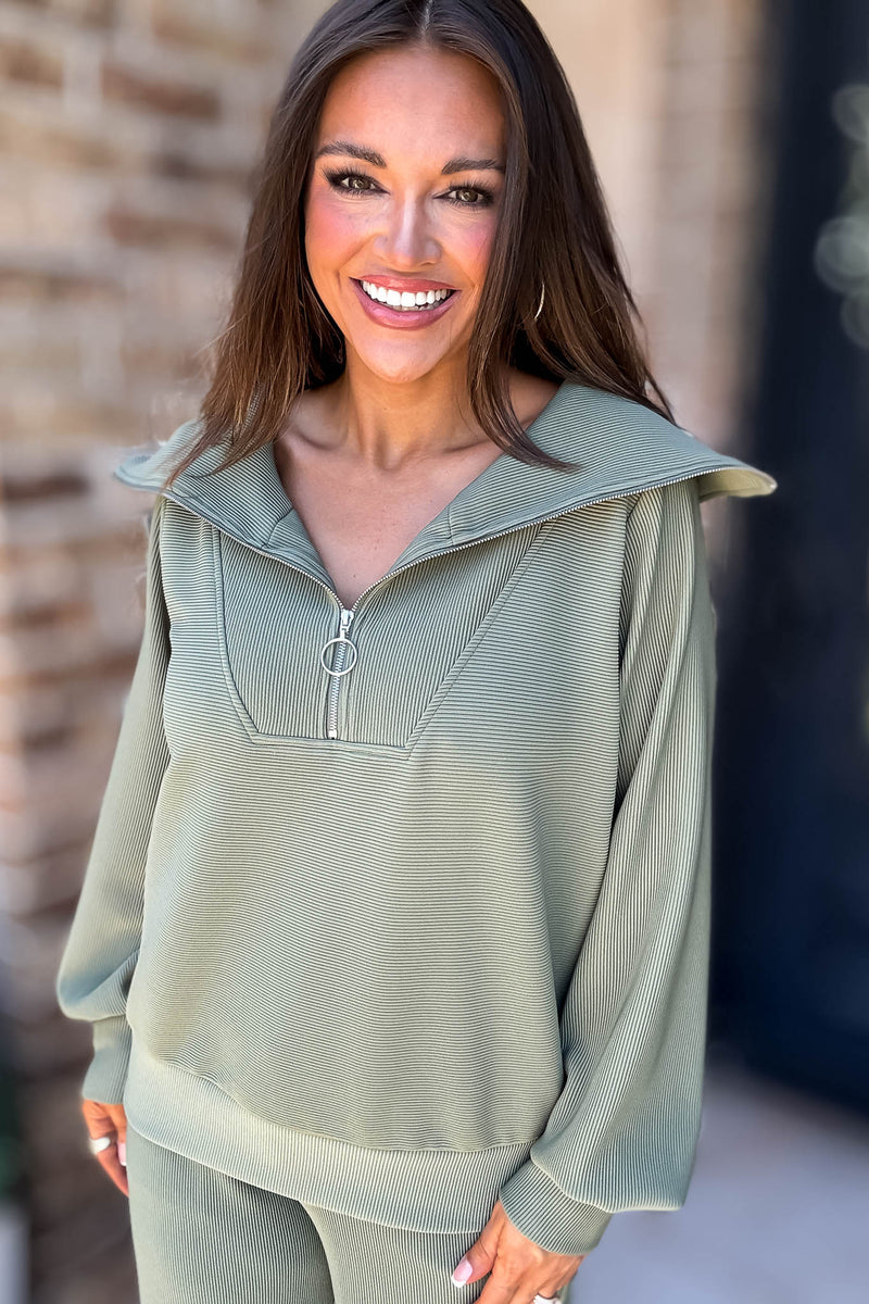 Accolade Light Olive Ribbed High Neck Half Zip Pullover