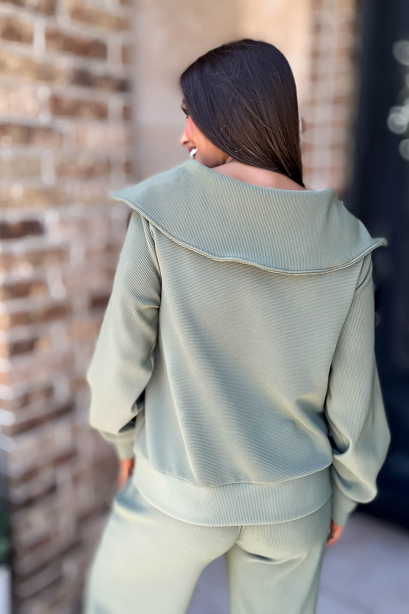 Accolade Light Olive Ribbed High Neck Half Zip Pullover