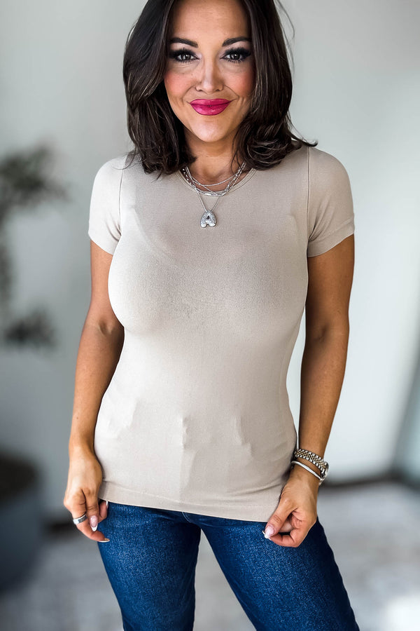 Seamless Round Khaki Neck Short Sleeve Top