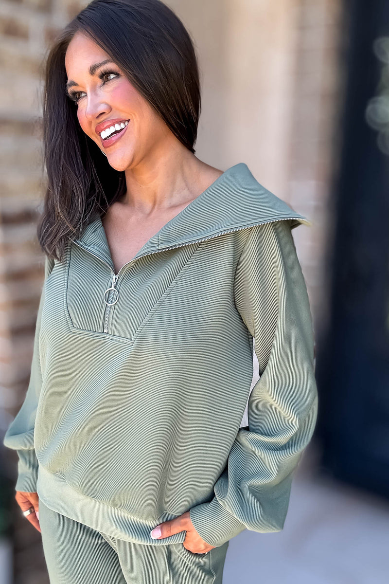 Accolade Light Olive Ribbed High Neck Half Zip Pullover