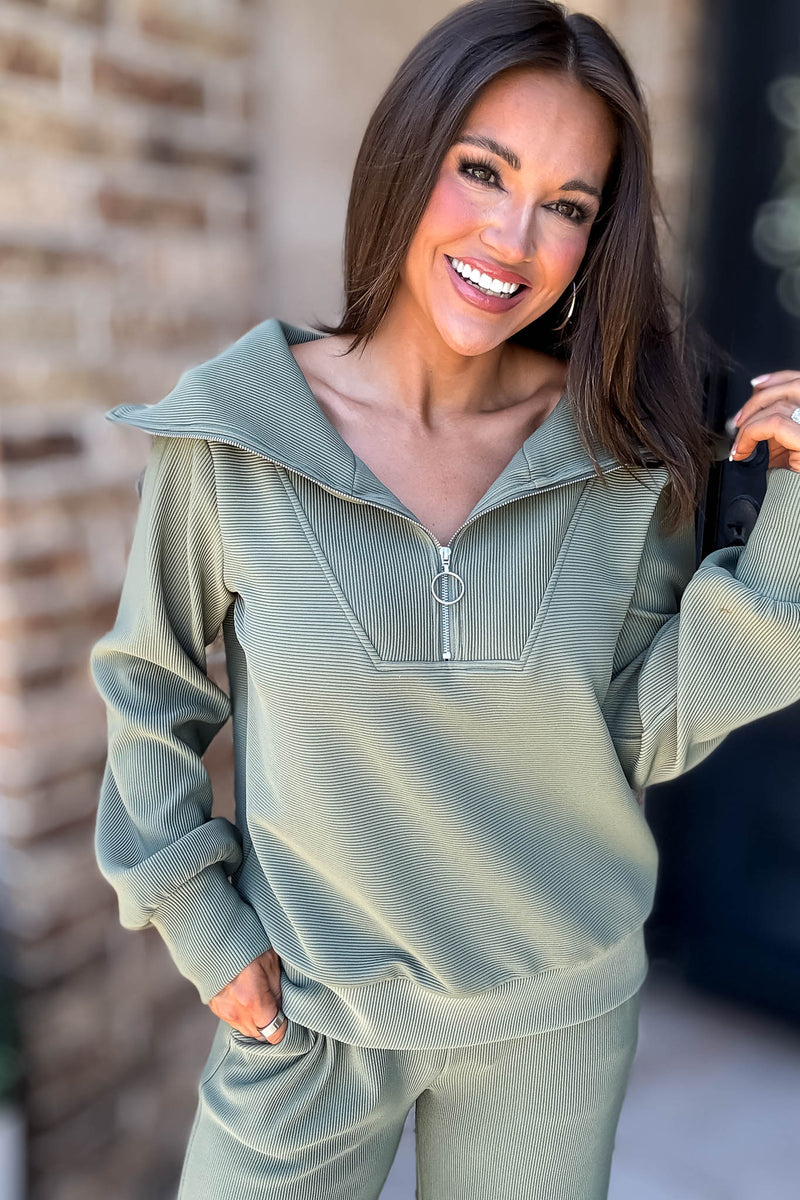Accolade Light Olive Ribbed High Neck Half Zip Pullover