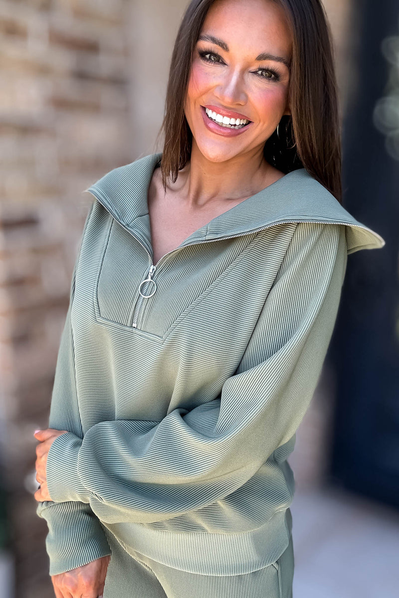 Accolade Light Olive Ribbed High Neck Half Zip Pullover