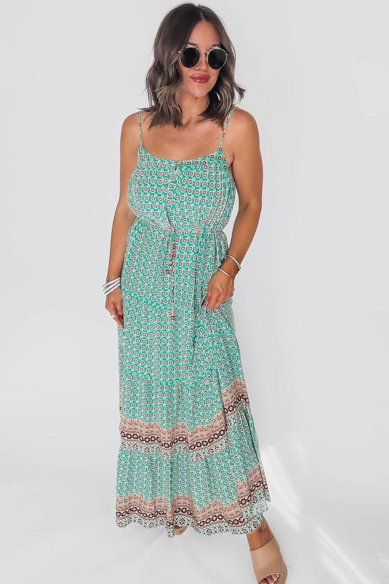 Green And Brown Printed Maxi Dress