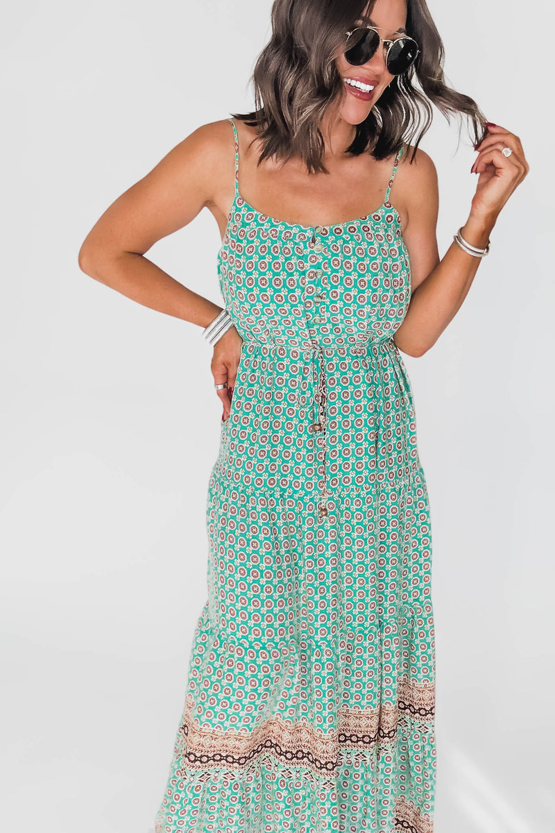 Green And Brown Printed Maxi Dress