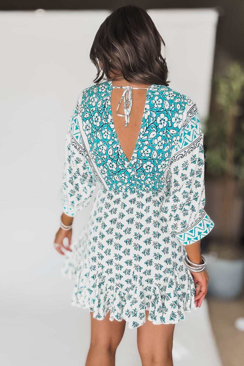 Blue And White 3/4 Dolman Sleeve Tie Front Waisted Mini Dress