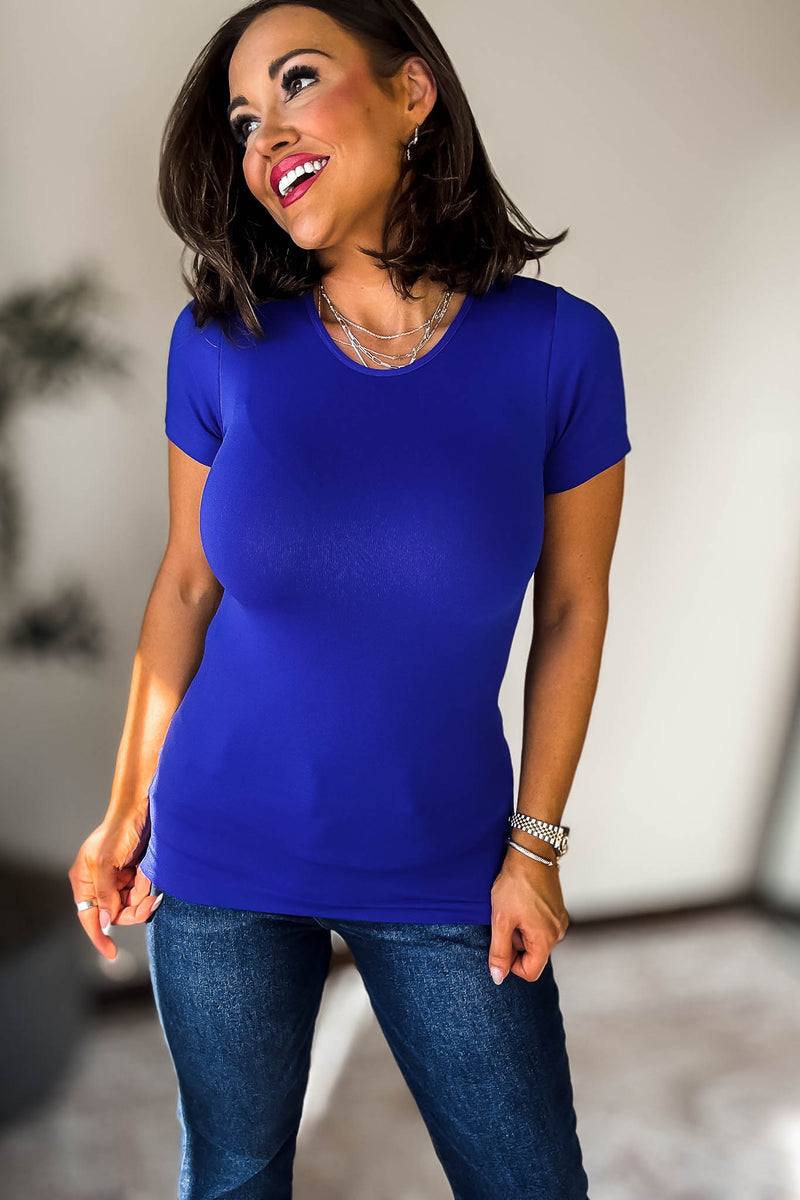 Seamless Round Royal Blue  Neck Short Sleeve Top