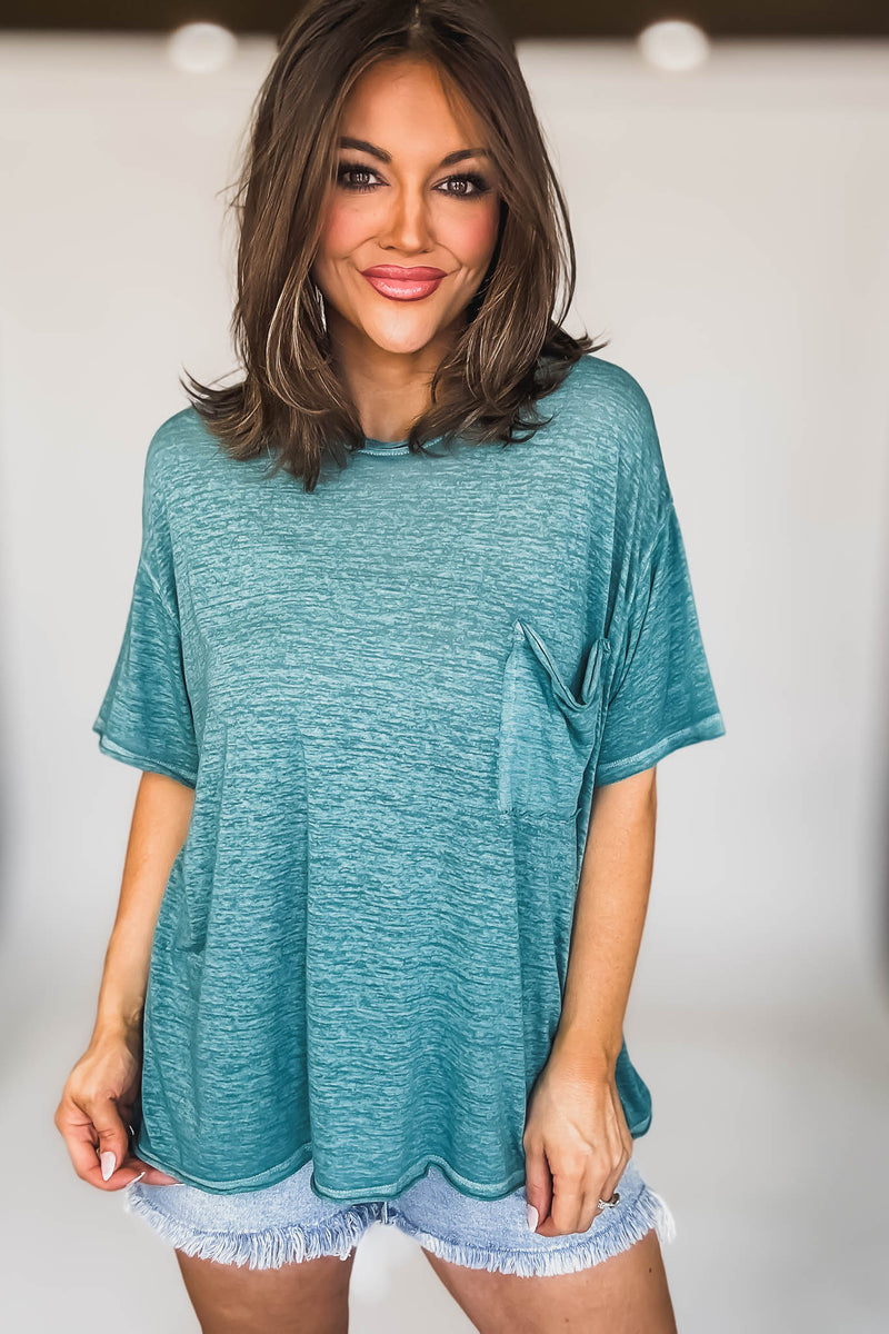 Oversized Dusty Teal Washed Melange Burnout Raw Edge Tee