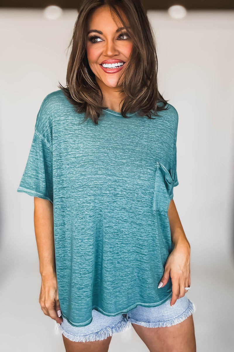 Oversized Dusty Teal Washed Melange Burnout Raw Edge Tee