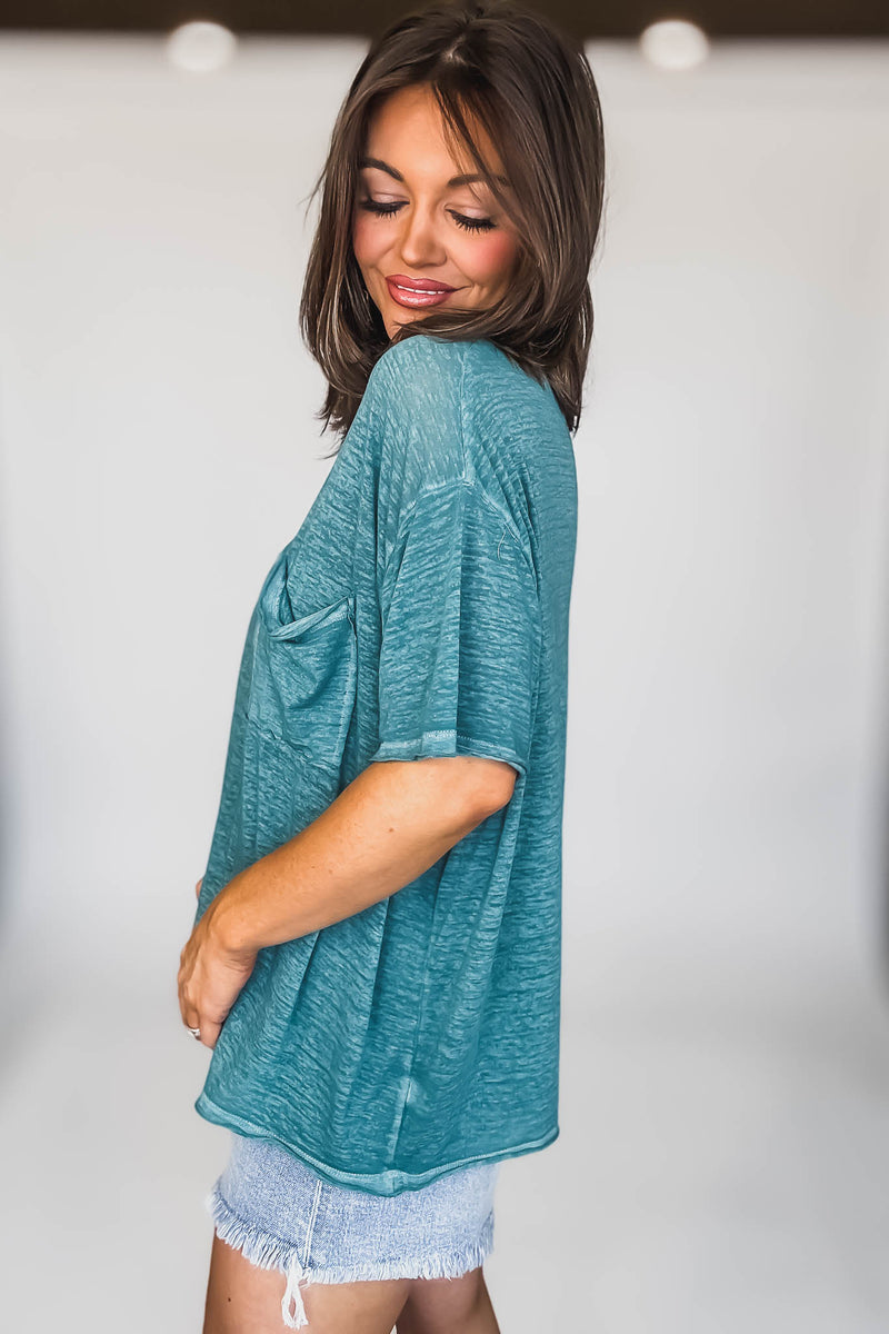 Oversized Dusty Teal Washed Melange Burnout Raw Edge Tee