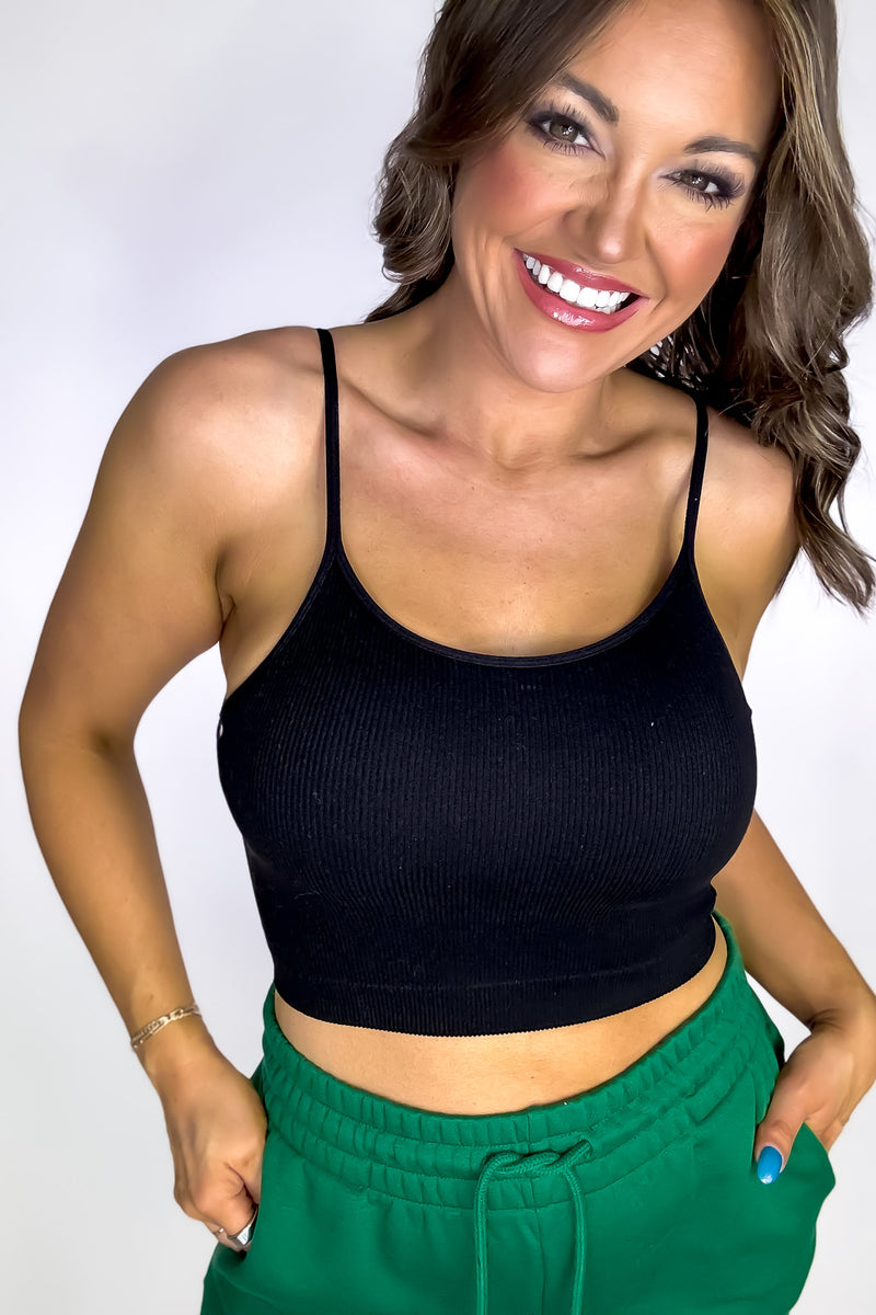 SR Black Ribbed Seamless Cropped Cami With Bra Pads