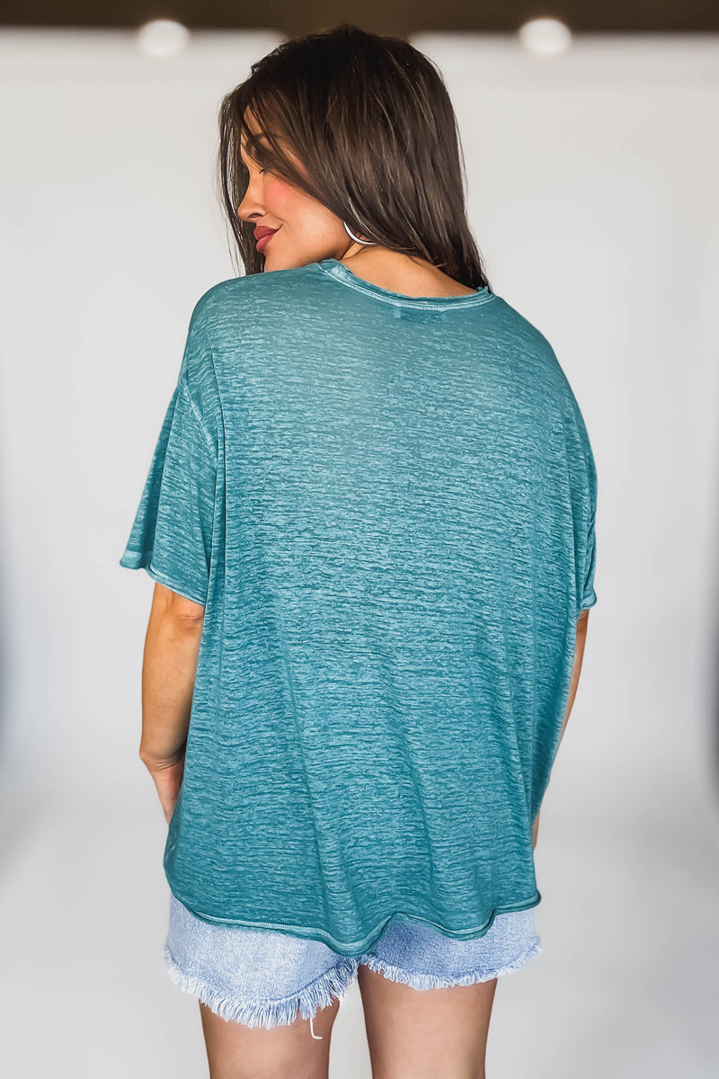 Oversized Dusty Teal Washed Melange Burnout Raw Edge Tee