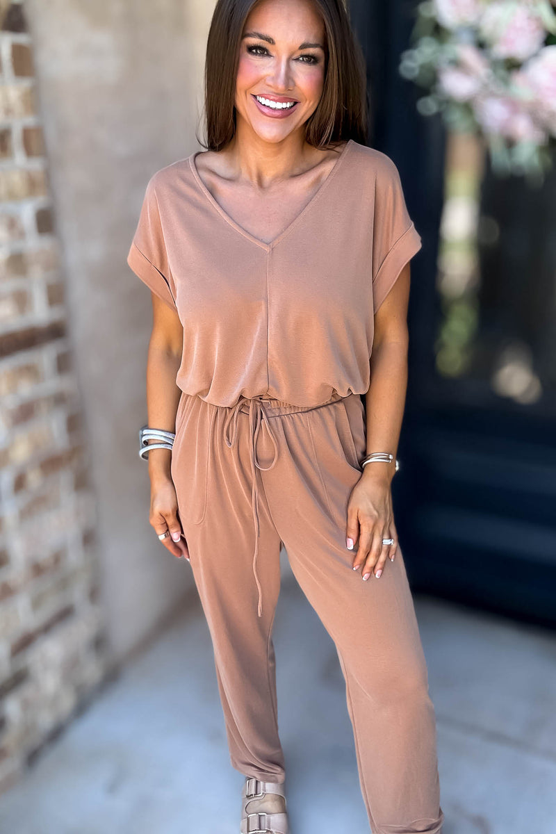 Just The One Mocha Front Pockets V-neck Adjustable Waist Jumpsuit