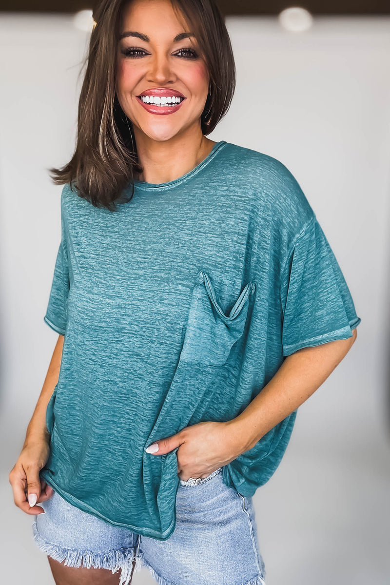 Oversized Dusty Teal Washed Melange Burnout Raw Edge Tee