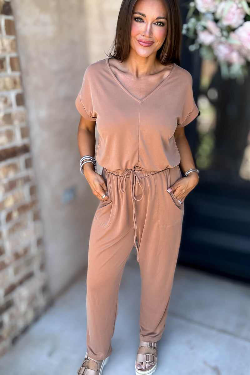 Just The One Mocha Front Pockets V-neck Adjustable Waist Jumpsuit