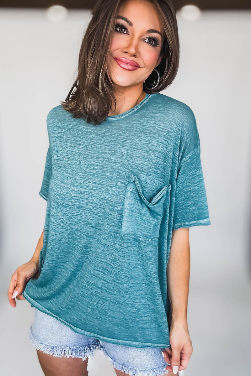 Oversized Dusty Teal Washed Melange Burnout Raw Edge Tee