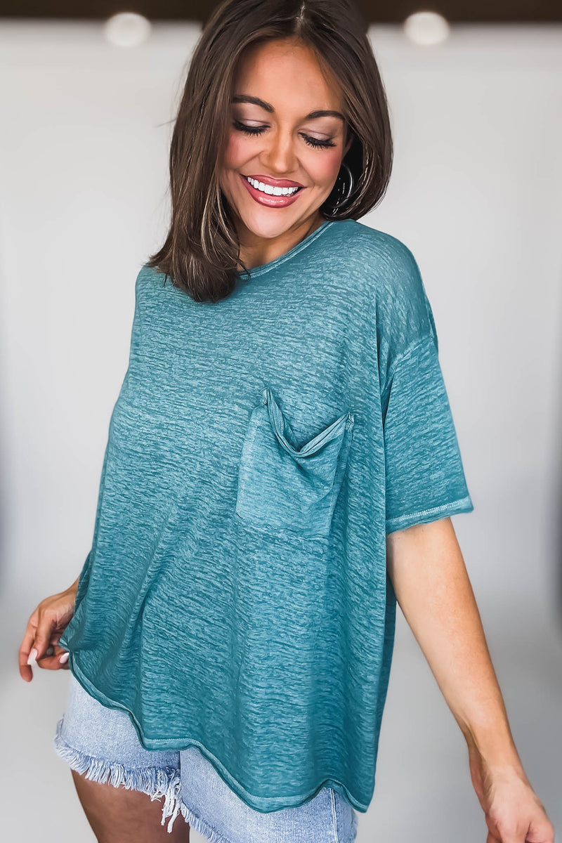 Oversized Dusty Teal Washed Melange Burnout Raw Edge Tee