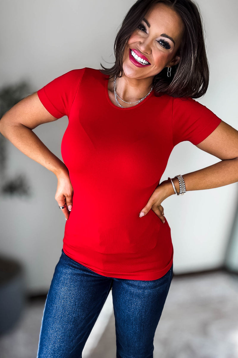 Seamless Round Red Neck Short Sleeve Top