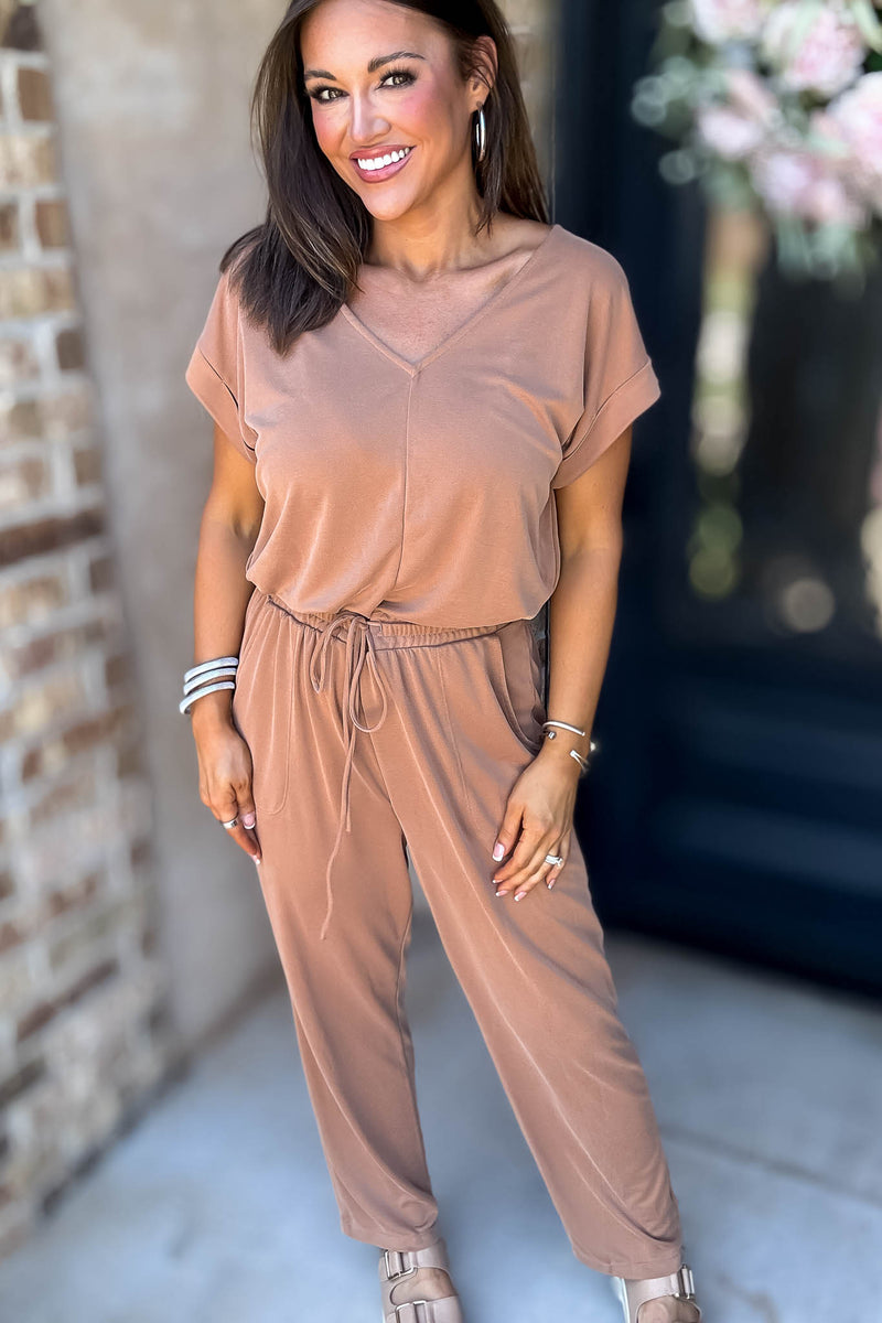 Just The One Mocha Front Pockets V-neck Adjustable Waist Jumpsuit