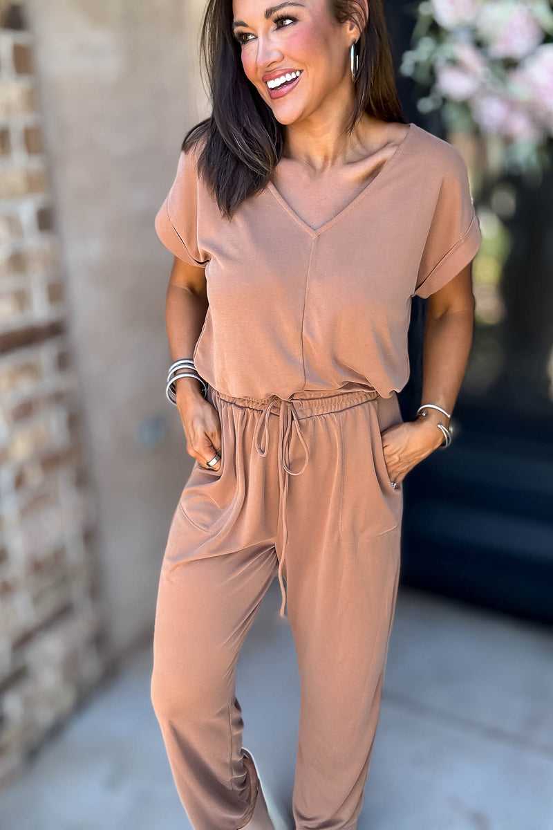 Just The One Mocha Front Pockets V-neck Adjustable Waist Jumpsuit