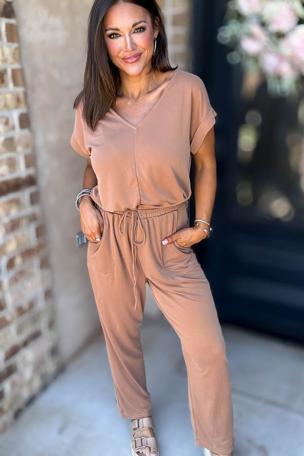 Just The One Mocha Front Pockets V-neck Adjustable Waist Jumpsuit