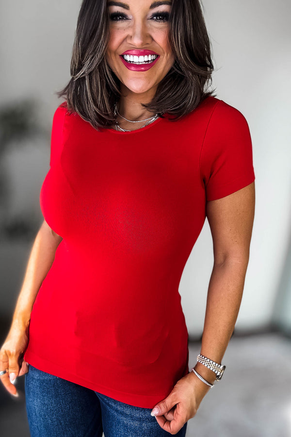 Seamless Round Red Neck Short Sleeve Top