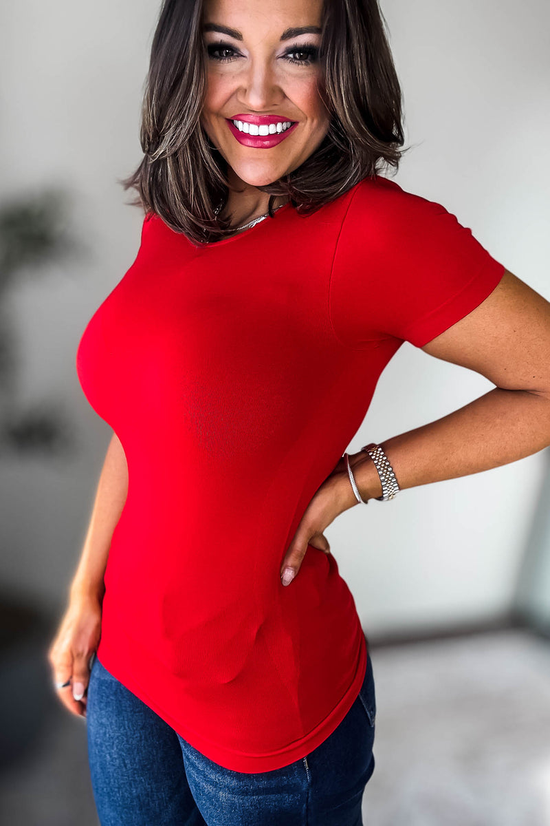 Seamless Round Red Neck Short Sleeve Top