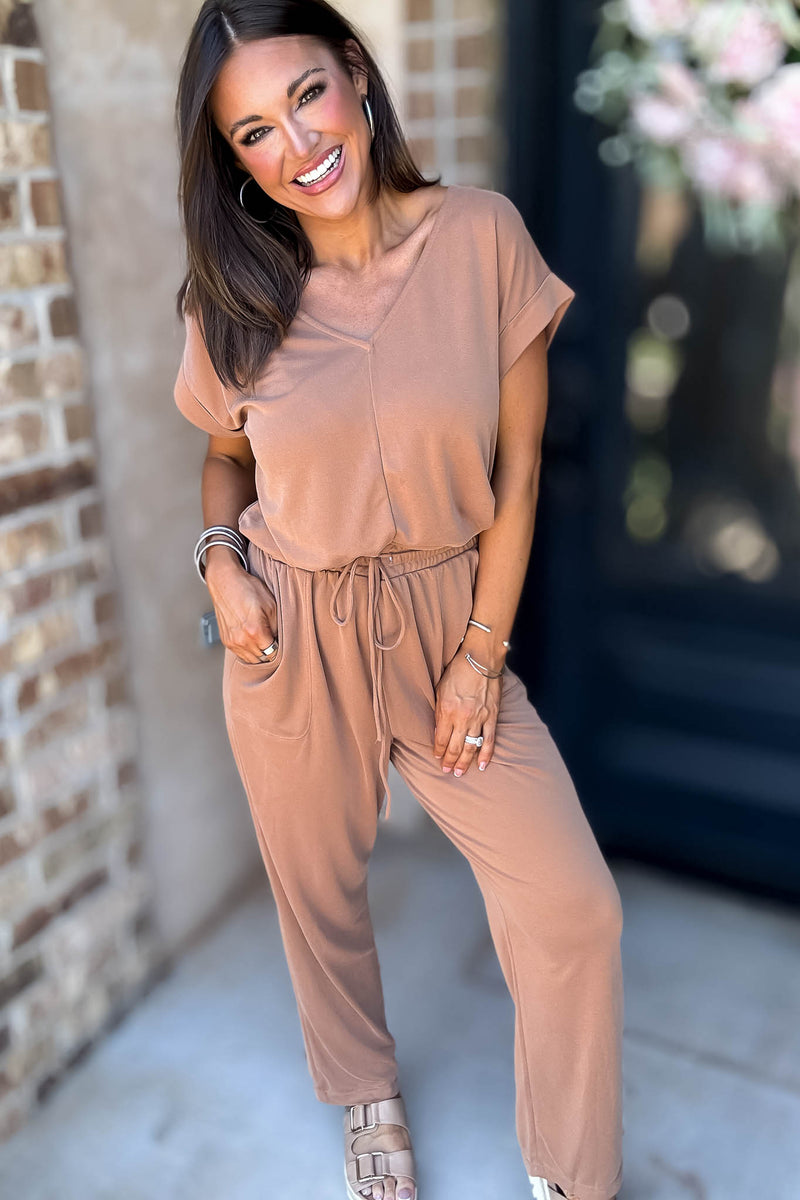 Just The One Mocha Front Pockets V-neck Adjustable Waist Jumpsuit