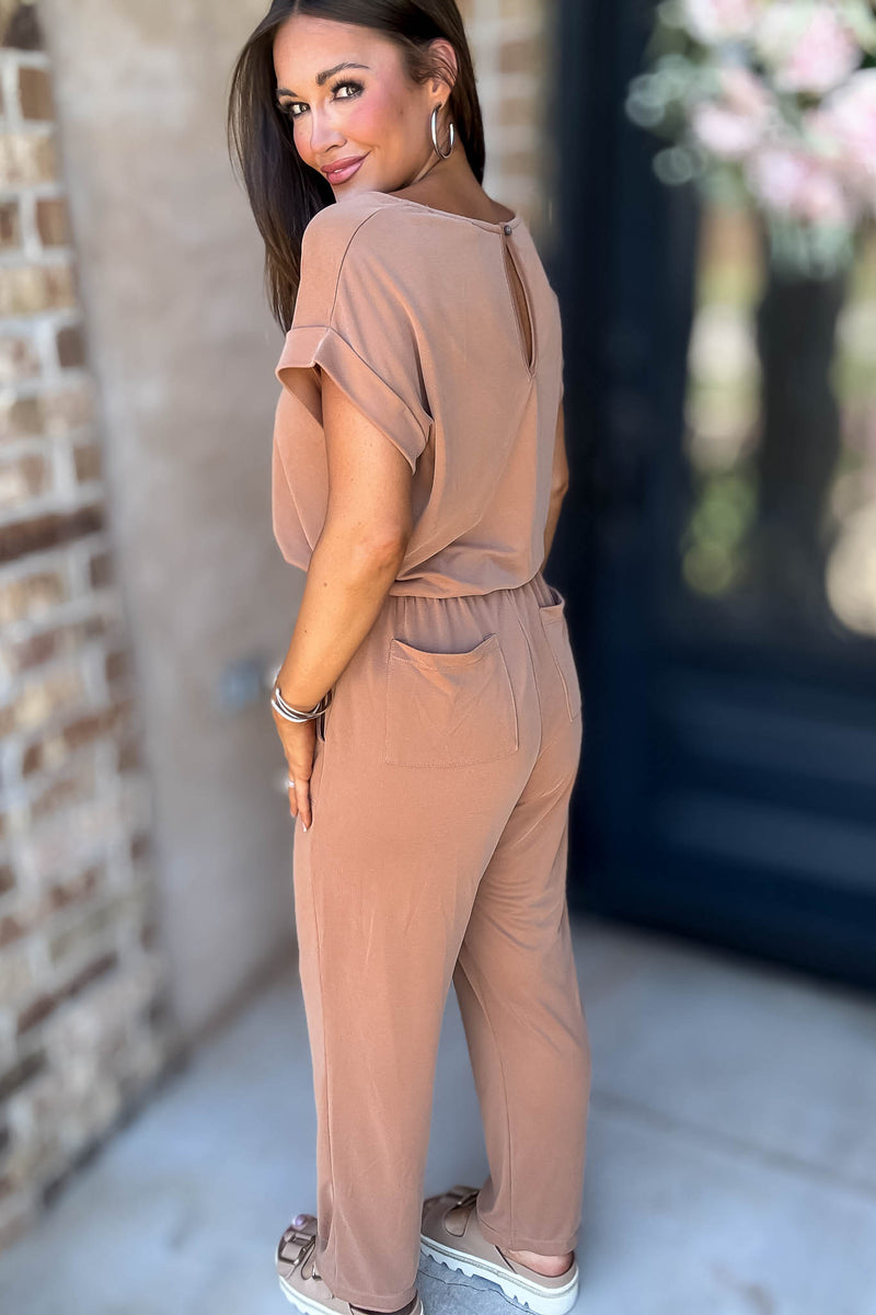 Just The One Mocha Front Pockets V-neck Adjustable Waist Jumpsuit